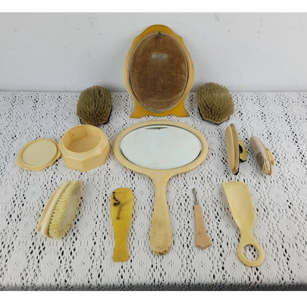 Vintage Celluloid or Pyralin Brush Frame Mirror Shoe Horn Nail Vanity Set of 11